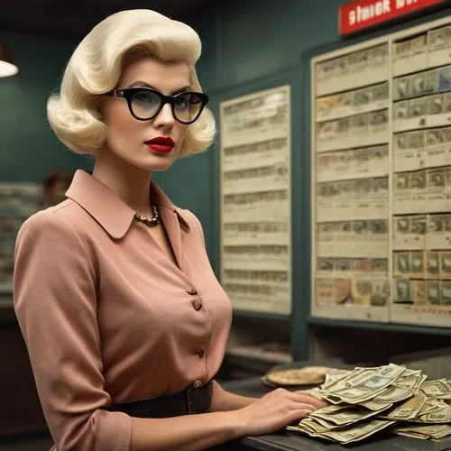 blonde woman reading a newspaper,bank teller,retro women,businesswoman,fifties,retro woman,vintage fashion,cash register,business woman,salesgirl,businesswomen,50s,receptionist,vintage women,model years 1960-63,50's style,cigarette girl,vintage makeup,cashier,gena rolands-hollywood,Photography,General,Cinematic