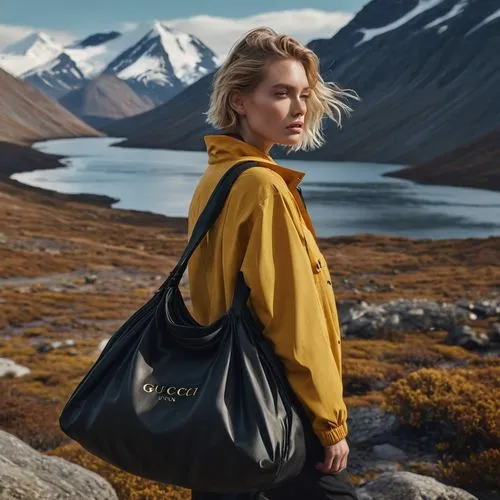 holding nylon bag, mcqueen black nylon bag, black nylon, black leather, athletic wear, hyperreal fashion campaign, black athleisure outfit, natural makeup, model hiking in beautiful moody landscape, w