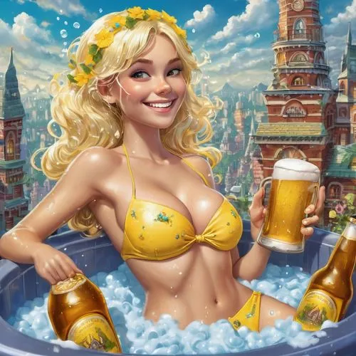 the blonde in the river,pilsner,warsteiner,oktoberfest background,beer crown,brewmaster,Illustration,Realistic Fantasy,Realistic Fantasy 02