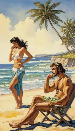 Write a romantic scene at the summer beach in Summertime Saga.,adam and eve,polynesian girl,people on beach,beach goers,beach furniture,man and wife,beach landscape,vintage art,man and woman,blue hawa