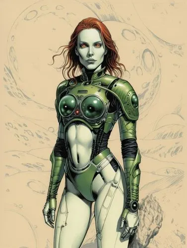 Technical drawing: An alien invader robot in human-like form.,a girl in a green and black suit standing next to a rock,gamora,madelyne,mcniven,macniven,siryn,palmiotti,Illustration,Vector,Vector 04