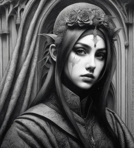 gothic portrait,behenna,hecate,gothic woman,dark gothic mood,elenore,Illustration,Black and White,Black and White 09