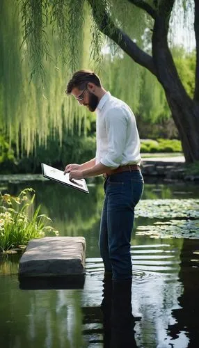 Male architect, 30s, muscular build, short brown hair, glasses, beard, white shirt, rolled-up sleeves, dark blue jeans, black leather belt, loafers, standing, holding a tablet, designing, near a seren