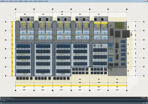 This is a datacenter drawing. There are administrative offices on the right side. There are multiple cabinets for the datacenter in 5 sections. There are cooling engines in the upper and lower locatio