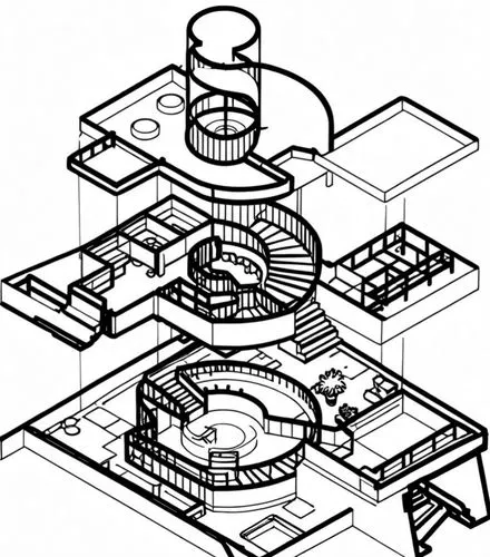 a diagram of a building with a spiral staircase,circular staircase,nordli,isometric,houses clipart,architect plan,floorplans,Design Sketch,Design Sketch,Rough Outline