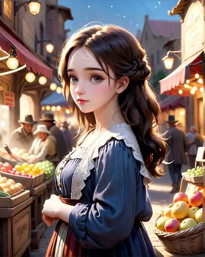 belle,hanbok,girl picking apples,girl with bread-and-butter,bingqian,lovett,Anime,Anime,Cartoon