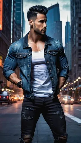 Male, muscular man, 30yo, short black hair, strong facial features, intense eyes, small nose ring, athletic build, Keven Rej style clothing, denim jacket, white tank top, ripped jeans, black boots, co