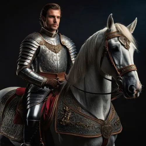 A handsome and very handsome knight, without a hat, dressed in royal clothes, on a royal horse, studio lighting ,knight armor,equestrian,cuirass,joan of arc,cavalry,equestrian helmet,man and horses,cr