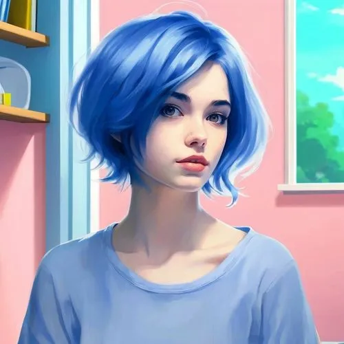 a cartoon girl with blue hair standing in a pink room,azzurro,blue hair,blu,digital painting,nea,medvedeva