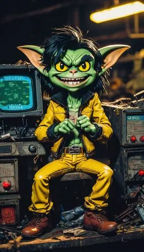 Mischievous gremlin, wide toothy smile, pointed ears, green skin, messy black hair, bright yellow eyes, worn leather jacket, torn denim pants, rusty metal belt buckle, sitting on a pile of junk, old c