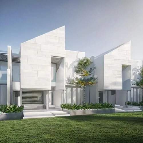 Cinematic dramatic photo 8K highly detailed HD, Arcithectural Villa with large glass windows,geometric, curved, minimal, luxurious, cute, artificial lighting with furniture, modern, white tile facade 