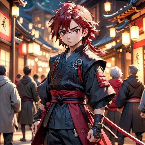 japanese style, manga, realistic,black and red ,ninja,the animation shows an image of a  standing on brick sidewalks with cherry blossom trees and houses in the background,yukimura,hiromasa,ryunosuke,