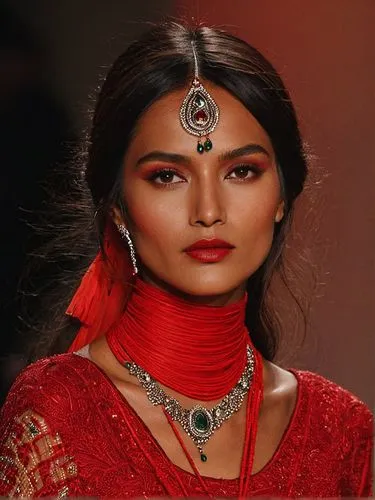 a pretty RED INDIAN lady,a woman wearing some jewelry on a runway,mastani,indian woman,draupadi,indian,hindustani,indian girl,Photography,Documentary Photography,Documentary Photography 05