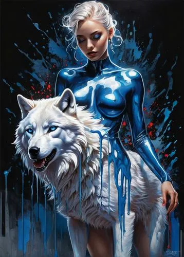 wolf's milk,blue enchantress,mystique,white walker,ice queen,fantasy art,wolf,howling wolf,constellation wolf,girl with dog,winterblueher,blue painting,silver blue,blue snowflake,blue white,silvery blue,red and blue,suit of the snow maiden,two wolves,white blue red,Conceptual Art,Graffiti Art,Graffiti Art 08