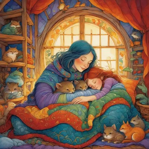 robin's nest,children's fairy tale,little girl and mother,children's room,warmth,the little girl's room,capricorn mother and child,children's bedroom,blue pillow,warm and cozy,the cradle,mother with child,studio ghibli,the mother and children,mother and child,dream world,nativity,mother and children,motherhood,comforter,Illustration,Realistic Fantasy,Realistic Fantasy 04