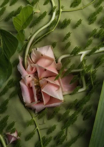 a flower that is laying down on a bed,medinilla,etlingera corneri,lotus leaves,calathea,magnoliaceae,epiphyllum oxypetalum,Photography,General,Realistic