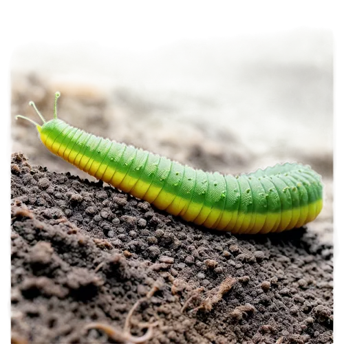 Thick worm, green skin, slimy texture, segmented body, wiggling movement, small eyes, antennae, soil surroundings, moist environment, macro photography, shallow depth of field, warm color tone, cinema