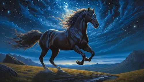 black horse,pegasys,sleipnir,cheval,skyhorse,pegasus,constellation unicorn,pegaso,frison,equus,equine,arabian horse,darkhorse,bucephalus,horse,nighthorse,horseman,constellation centaur,pegasi,alpha horse,Illustration,Realistic Fantasy,Realistic Fantasy 03