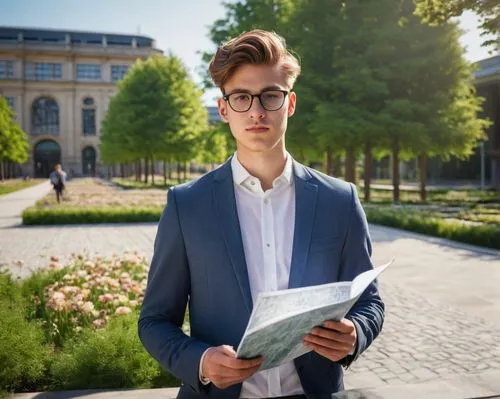 Landscape architect, young adult, male, solo, (25yo), glasses, neat hair, elegant suit, holding a blueprint, standing, university campus, greenery surroundings, trees, flowers, stone pavement, modern 