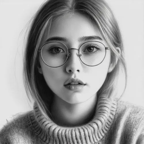 女生，毛衣，眼镜,an artistic black and white drawing of a woman with glasses,girl portrait,girl drawing,digital painting,fantasy portrait,portrait of a girl,portrait,Illustration,Black and White,Black and Whi