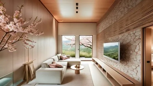 This photo showcases the living room and kitchenette of a suite in a hotel located in Puli, Taiwan, with a design that incorporates elements of spring cherry blossoms. The suite features modern furnit