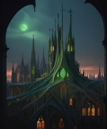 gothic architecture,haunted cathedral,gothic,gothic church,gothic style,green aurora,cathedral,hogwarts,fantasy picture,basil's cathedral,fantasy city,spire,dark gothic mood,fantasy landscape,notre dame,fairy tale castle,world digital painting,hall of the fallen,ghost castle,concept art,Conceptual Art,Fantasy,Fantasy 01