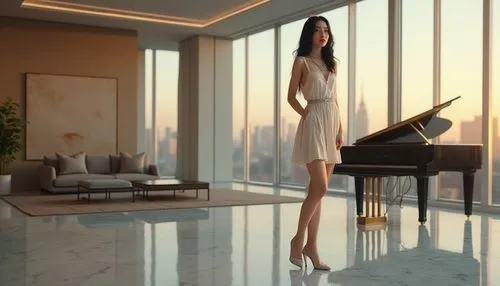 Modern minimalist interior, luxurious living room, elegant woman, 30yo, standing, posing, black hair, red lipstick, designer dress, high heels, diamond necklace, chic posture, marble floor, grand pian