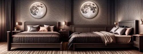 Bed with moon on The wall, night lights, lamps , modern style , blue and gray material , windows and blinds , chandelier modern style 



,3d rendering,search interior solutions,interior decoration,pa