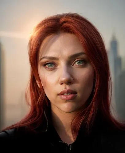 the iconic figure of Scarlett Johansson as a  brave and imposing figure, known for his red hair and piercing turquoise eyes, stands tall in the stands of New York City's iconic skyline. Clad in a slee