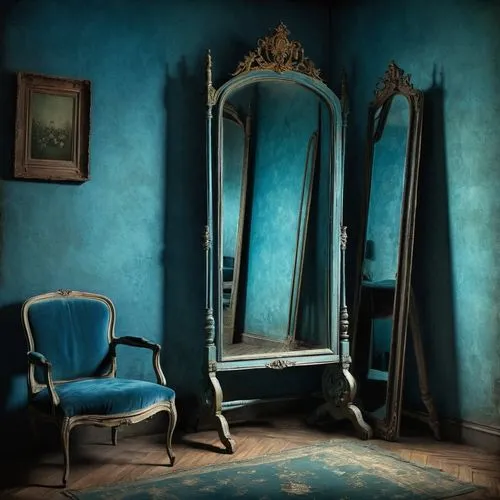 blue room,magic mirror,miroir,the mirror,mirror frame,art nouveau frames,Illustration,Realistic Fantasy,Realistic Fantasy 35