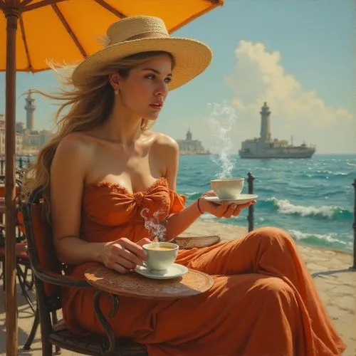 A realistic oil on canvas painting of a voluptuous Brigitte Bardot, sitting on the boardwalk in Lamezia. She is enjoying ((a magical coffee cup with (perfect heart shaped steam:1.8)))
and gazing out a