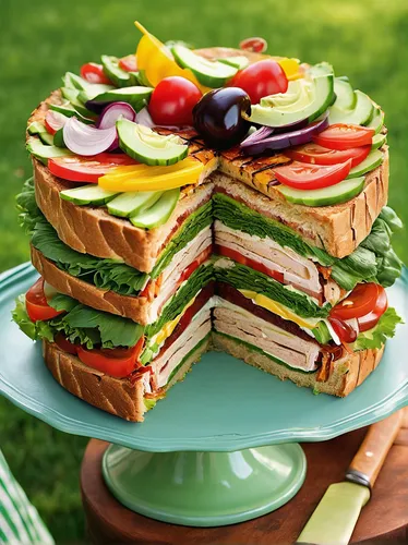 Imagine you're at a picnic in a beautiful park. Describe the delicious sandwich cake you're enjoying with friends, filled with grilled chicken, fresh veggies, and tangy BBQ sauce.,sandwich cake,club s