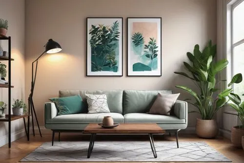 apartment lounge,modern decor,living room,livingroom,house plants,modern minimalist lounge,sitting room,houseplants,interior decor,sofa set,furnishing,boho art,shared apartment,contemporary decor,green living,furnishings,soft furniture,interior design,botanical frame,danish furniture,Illustration,Realistic Fantasy,Realistic Fantasy 23