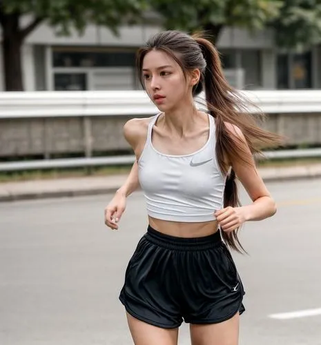 dreamy expression, natural proportions, long shoulderlong hair, stylish loose ponytail, natural lips, pale lips, dainty delicate graceful tender, medium small buxom, 
professional shorts sports clothi