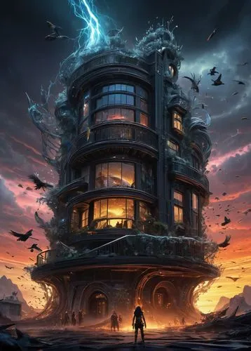 sedensky,electrohome,sci fiction illustration,prospal,temporum,fantasy picture,maunsell,the skyscraper,fantasy art,the energy tower,coldharbour,futuristic landscape,cyberia,skyscraper,deltha,sky apartment,arcology,turilli,world digital painting,electric tower,Art,Classical Oil Painting,Classical Oil Painting 44