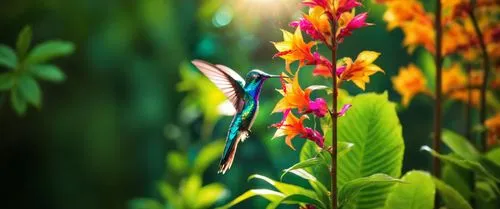 пусто,a colorful bird flying over flower with trees and grass in the background,heliconia,pond flower,flower in sunset,splendens,bird of paradise flower,colibri