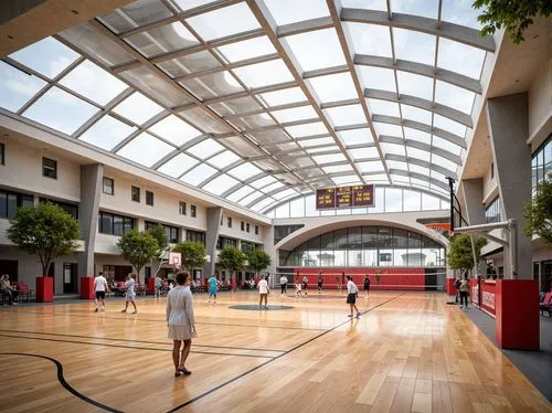 Modern gymnasium interior, translucent roofing materials, natural light diffusion, softbox lighting effect, minimal shadows, vibrant athletic colors, sleek metallic equipment, wooden flooring, basketb