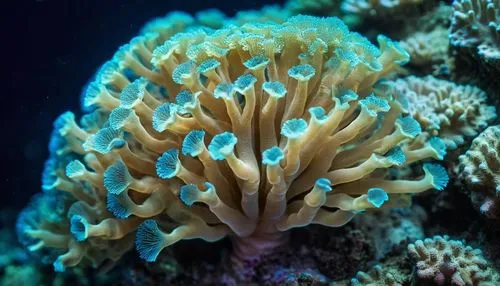 macrophotograph, beautiful bioluminescent blue glow quantum  sea coral polyp on the reef, natural lighting, light-focused, amateur shot,bubblegum coral,coral fingers,filled anemone,soft corals,coral,f