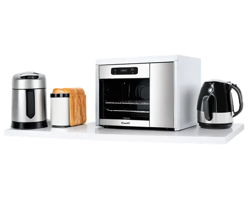 Modern kitchen appliances, stainless steel refrigerator, silver microwave, white electric stove, sleek dishwasher, shiny toaster, blender, coffee maker, kettle, modern minimalist style, reflective sur