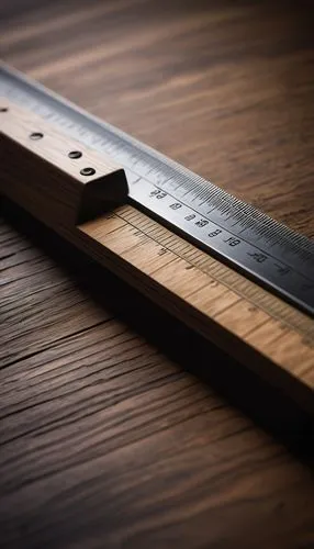 Architect's tool, wooden ruler, 30cm length, worn-out edges, precise calibrations, metal edge guard, ergonomic handle, wooden texture, subtle scratches, slight curve, desktop, wooden desk, modern offi