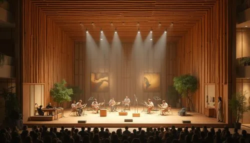 Modern performing arts center, bamboo material walls, ceilings, floors, sustainable architecture, natural lighting, wooden instruments on stage, spotlights shining down, audience seated, acoustic pane