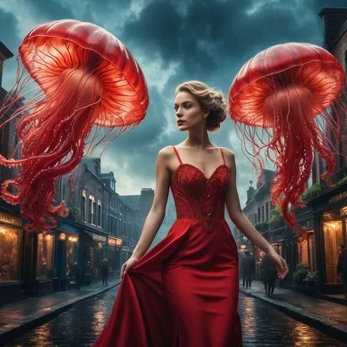 man in red dress,cnidaria,photoshop manipulation,red gown,cephalopod,lady in red,polyp,sea anemone,cephalopods,photo manipulation,red anemone,betta,sci fiction illustration,girl in red dress,photomanipulation,giant squid,fantasy art,red dahlia,merfolk,image manipulation,Photography,General,Fantasy