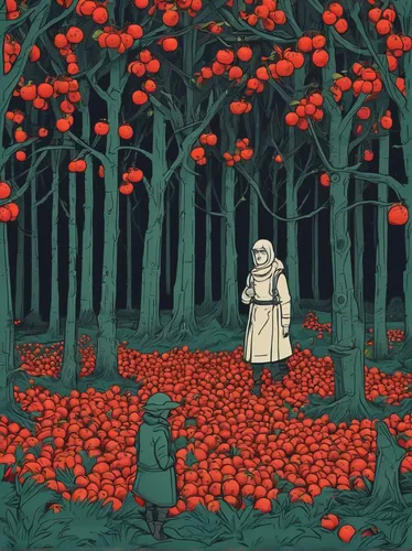 Imagine a rowan orchard in a post-apocalyptic setting, where survivors must scavenge for food and stumble upon the last remaining rowan fruits.,apple harvest,rosehips,apple trees,apple picking,girl pi