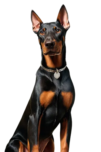 Doberman pinscher, male, muscular, black coat, athletic build, sharp ears, piercing brown eyes, wet nose, shiny fur, standing pose, front legs apart, strong chest, ripped abdominal muscles, metallic d