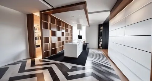 Modern style atmosphere. Apply white tones to the ceiling and floor. Apply a black and white pattern to the floor. The bookshelf is made of walnut, the table is black, and the top is made of marble. S