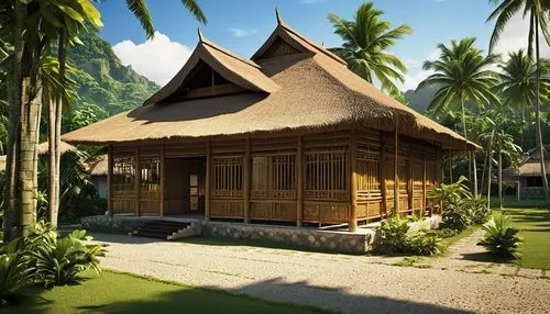 javanese traditional house,holiday villa,traditional house,polynesian,tanoa,bungalows,tropical house,wooden house,kampung,cabana,wooden hut,baan,bungalow,palapa,resort,bahian,small house,huts,stilt house,kunplome,Illustration,Retro,Retro 18