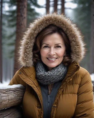 Mature lady, down jacket, winter outfit, thick fur-lined hood, warm gloves, scarf wrapped around neck, golden necklace, curly brown hair, gentle smile, soft makeup, relaxed posture, leaning against a 