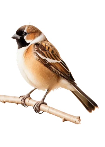 Small bird, sparrow, solo, perched on branch, beautiful plumage, brown back, white belly, black throat patch, tiny beak, bright eyes, fluffy feathers, morning sunlight, soft focus, shallow depth of fi