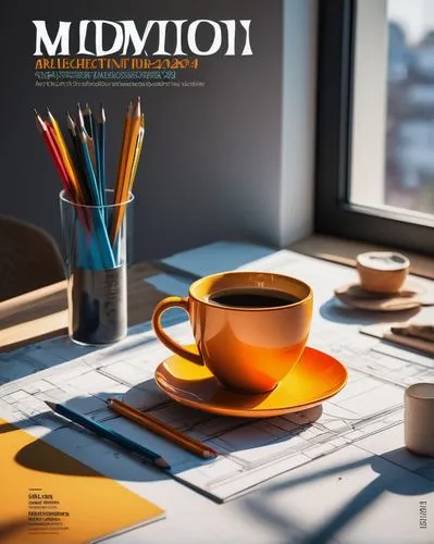 Modern architectural magazine cover, April 2023 issue, sleek typography, bold font, bright colors, minimalist background, wooden desk, coffee cup, architect's blueprints, scale model, pencils, and rul