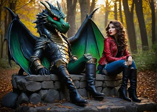 Anthro dragon female, western-style dragon, green scales, long curly brown hair, golden earrings, bold red lipstick, seductive eyes, low-cut leather jacket, ripped denim shorts, black boots with silve